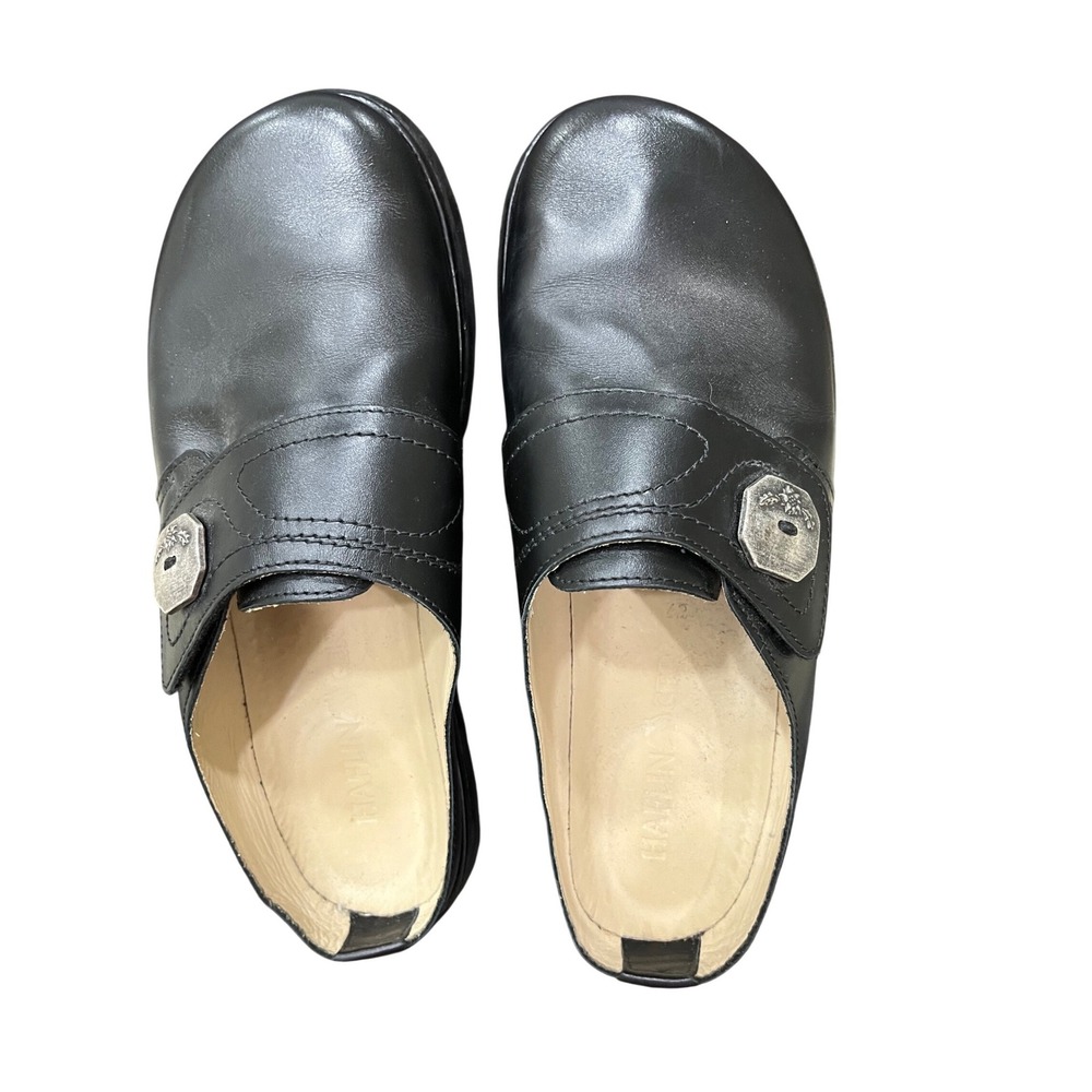 Haflinger Leather Clogs‎ Mules Women 42 Black Good Hook Loop Medallion Slip On